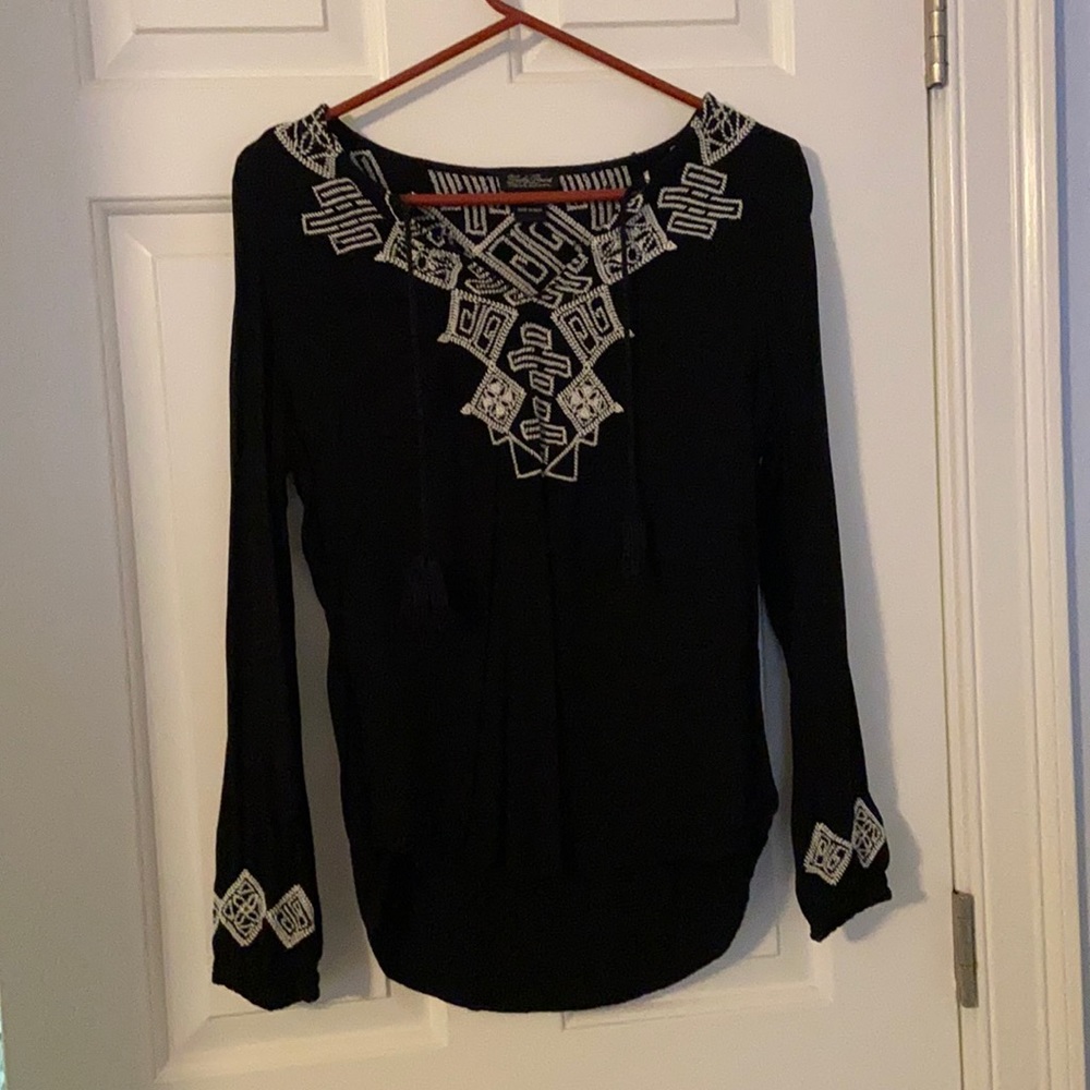 Lucky Brand Black Long Sleeve Tassel Top, size S
